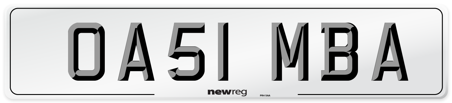 OA51 MBA Number Plate from New Reg